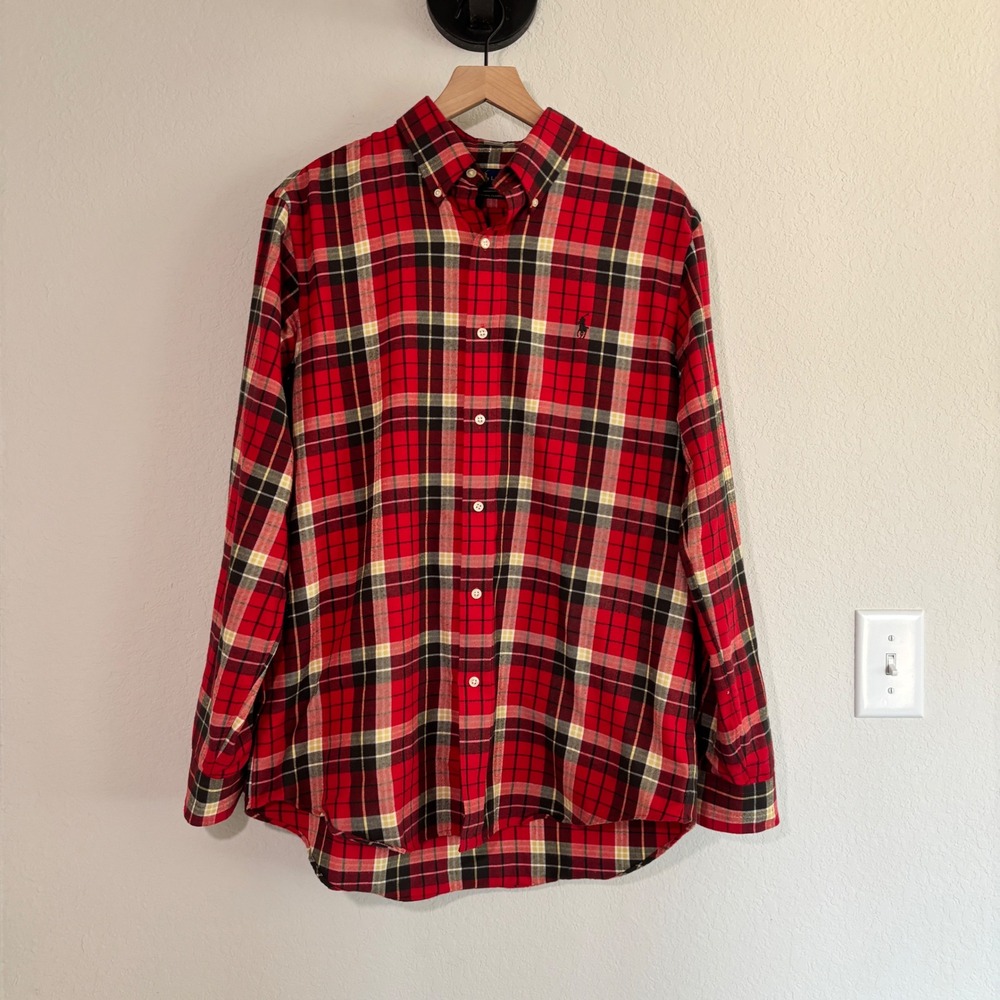 Ralph Lauren Button Down Performance Flannel L Cotton Blend Red Plaid Preppy